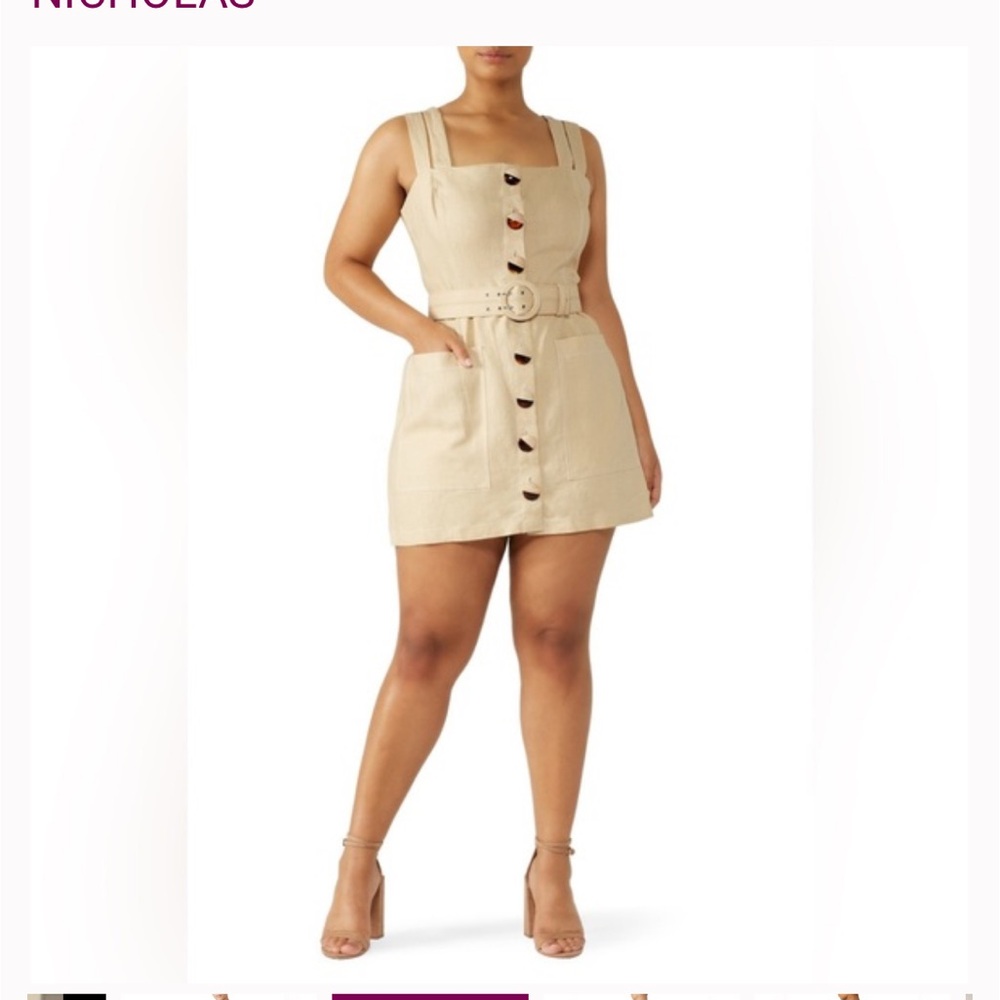 NICHOLAS Linen Dress Womens 16 Beige Button Front Sleeveless Double Strap Mini